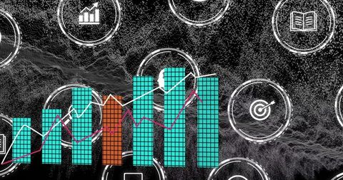 Teal clustered bar chart with orange highlight and dual white-magenta trend lines on textured data g