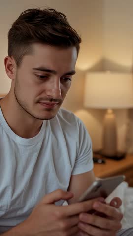 Vertical video young man scrolling smartphone in cozy lit bedroom at night