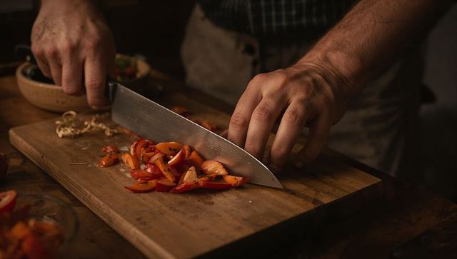 Chef slicing red-orange bell peppers on rustic wooden board closeup with knife and hands