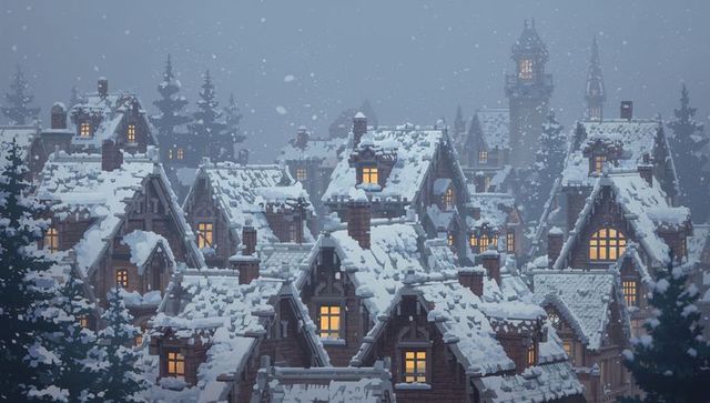Snow-covered timber village with glowing windows and tower at twilight