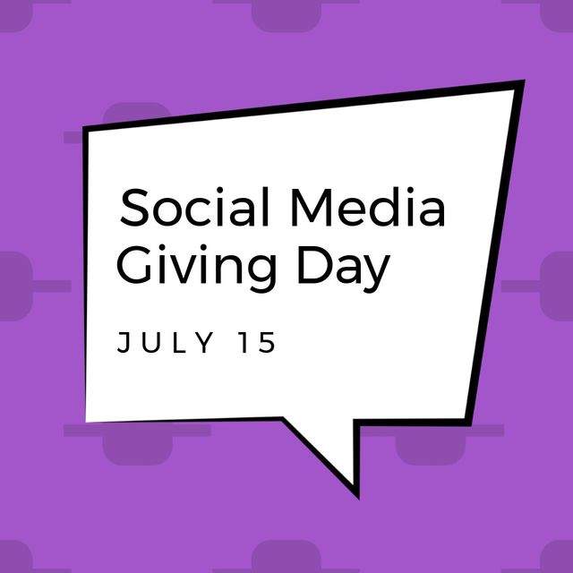 Illustration of social media giving day july 15 text in speech bubble on violet background. copy space, fundraising, charity, social media, donation, vector.