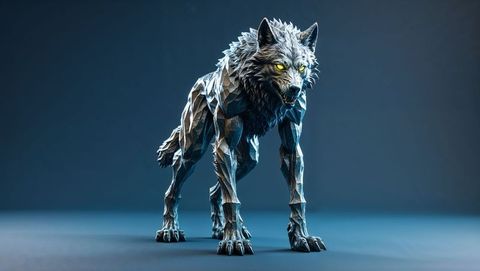 Futuristic geometric werewolf sculpture in studio lighting