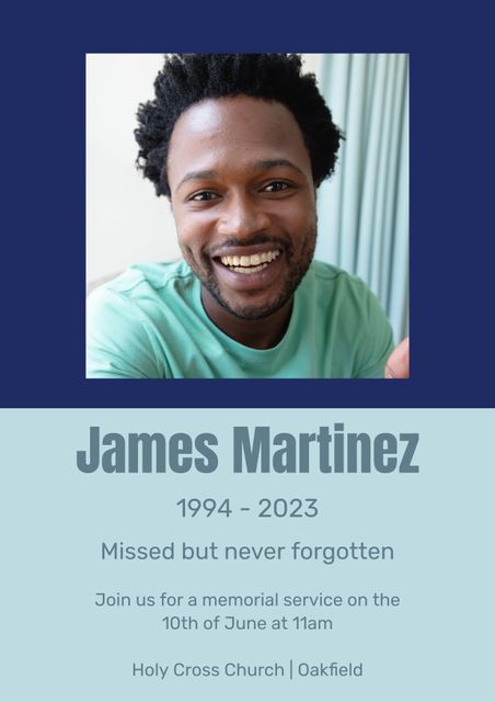 This template is ideal for creating heartfelt invitations or announcements for memorial services or celebrations of life. Featuring a smiling man, it evokes feelings of fond memories and remembrance, providing a personal touch. Perfect for community announcements, church memorial events, farewell tributes, and more, this design helps honor and celebrate the life of a loved one.