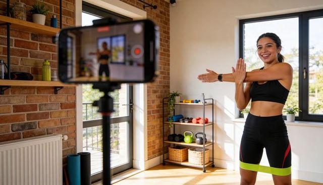 Female fitness instructor recording home workout with resistance band and smartphone