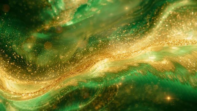 Emerald gold liquid wave with glitter particles and bokeh, luxurious abstract background