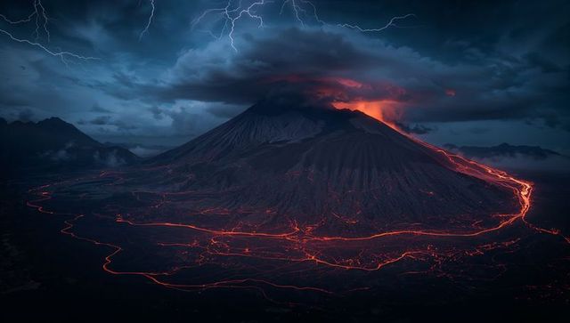 Dramatic Volcanic Eruption with Lightning in Stormy Night