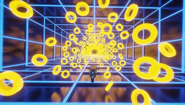 Racing hoverbike through neon grid tunnel passing glowing yellow rings in vortex
