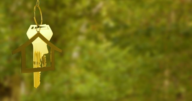 Golden House Key on Keyring with Defocused Green Background - Download Free Stock Images Pikwizard.com