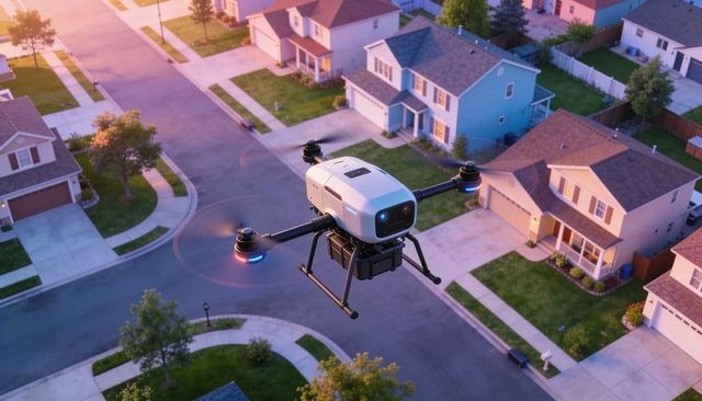 Autonomous delivery drone hovering above neighborhood at golden hour delivering package