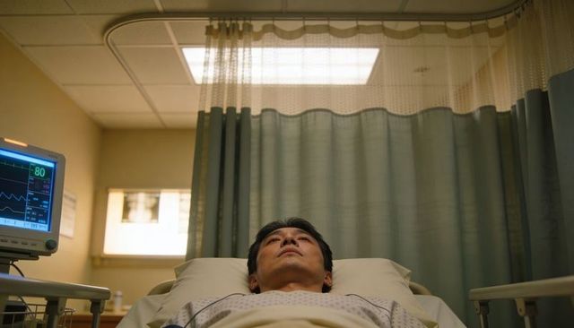 Male patient lying hospital bed under privacy curtain with vital monitor showing ecg trace