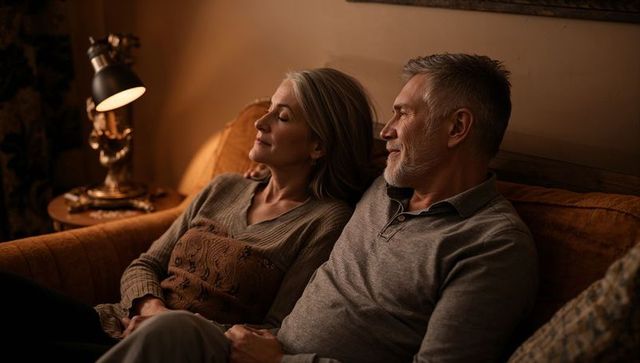 Senior couple relaxing on rust sofa with warm lamp glow and cozy atmosphere