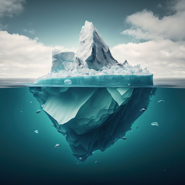 Composition of iceberg seen underwater in sea over blue sky, created using generative ai technology. Nature and icebergs concept digitally generated image.