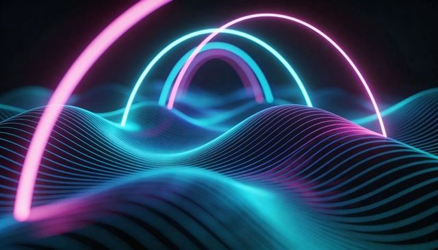Flowing neon waves and glowing cyan magenta arches creating futuristic abstract landscape