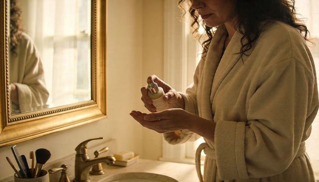 Woman dispensing skincare serum at vanity in bathrobe morning routine warm natural light