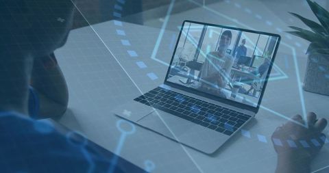 Remote team collaborating on laptop video call with HUD overlay and home office greenery