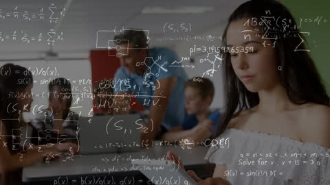 Math Equations Projected Over Diverse Classroom Learners