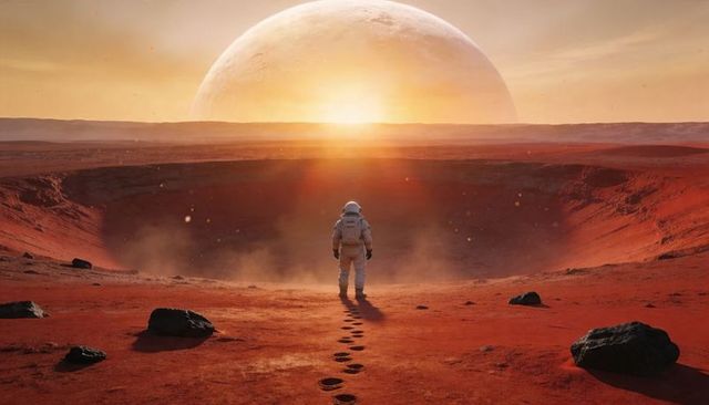 Astronaut standing on martian plain facing sunrise over crater rim and distant moon