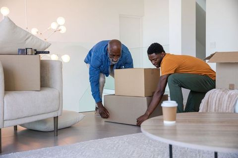 Father and Son Moving Boxes in Modern Living Room Together