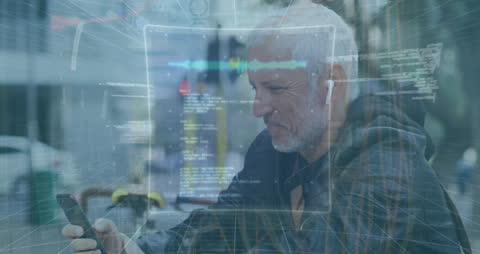 Senior Man And Digital Overlay With Data Technology Interface