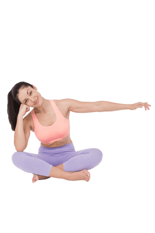 Smiling woman in yoga clothes stretching pose on transparent background