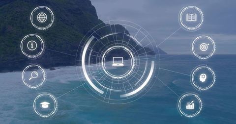 Holographic digital interface hovering over ocean cliffs with laptop hub and tech icons