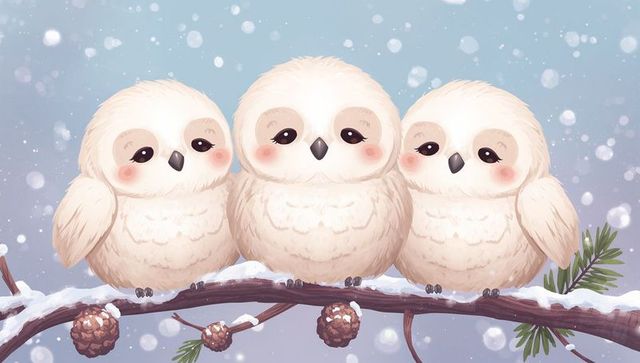 Three fluffy white owls huddling on snow-covered branch with pine cones winter illustration