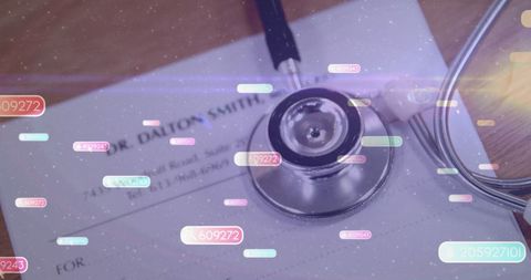 Stethoscope on Doctor's Letterhead with Data Visuals in Healthcare Tech