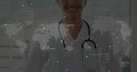 Female Doctor in Modern Corridor with Global Digital Map Overlay