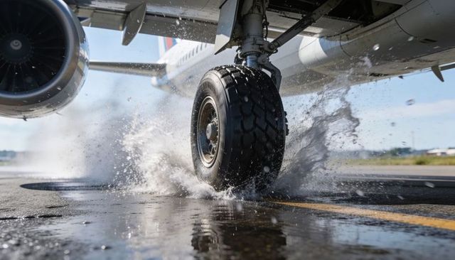 Airliner landing gear splashing through wet runway creating water spray and reflection