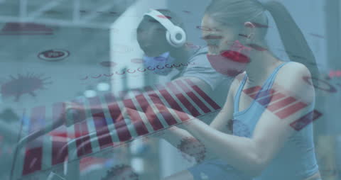 People Exercising in Gym with COVID-19 Data Overlay