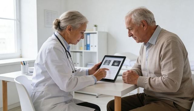 Senior patient consulting doctor reviewing digital medical records on tablet in clinic