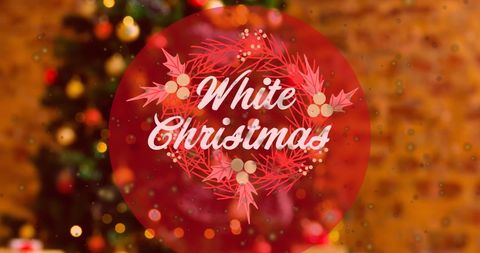 Festive White Christmas Text with Decorated Tree Background