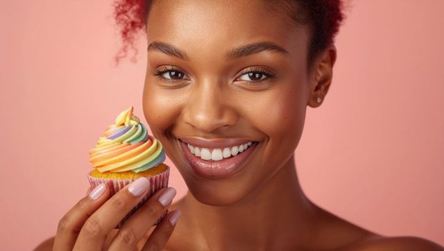 Smiling Woman with Colorful Cupcake Against Pink Background