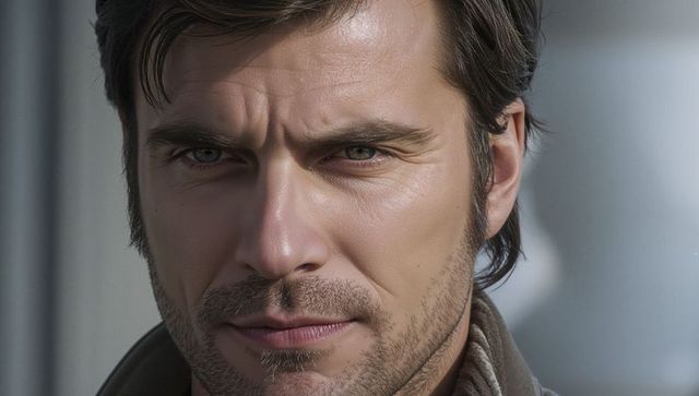 Mature man gazing forward in high-collared coat and knit scarf, contemplative headshot
