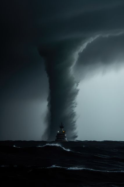 Huge tornado swirling over sea, created using generative ai technology. Power in nature, danger and natural disaster concept digitally generated image.