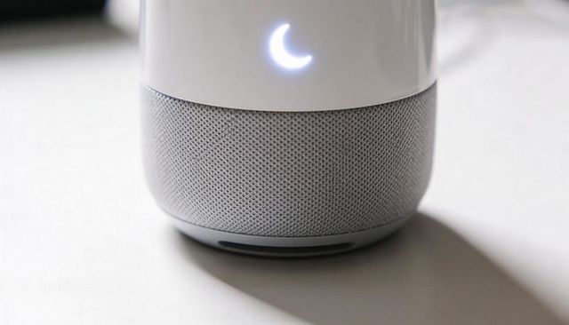 Minimalist smart speaker glowing crescent led on nightstand with woven fabric grille neutral decor