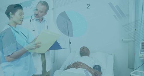 Diverse Doctors Analyzing Patient Data in Futuristic Setting