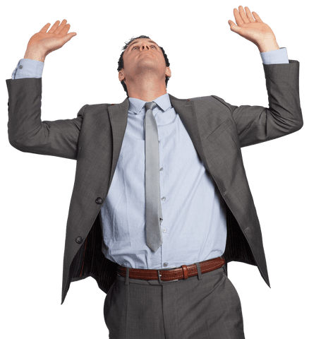 Caucasian Businessman Raising Hands on Transparent Background