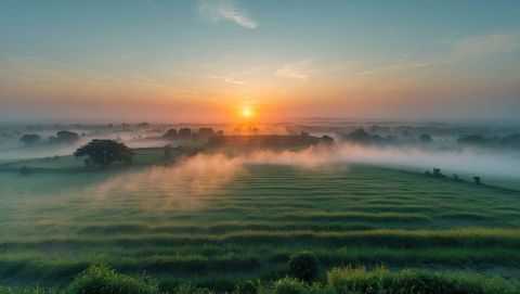 Sunrise Over Misty Terraced Fields Creating Tranquil Landscape