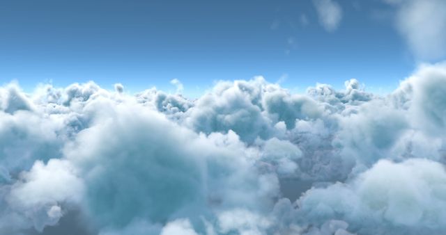 A stunning view from above the clouds, depicting a calm and serene atmosphere with a clear blue sky. Perfect for use in backgrounds, nature themes, travel visuals, serenity concept, and weather forecasts.