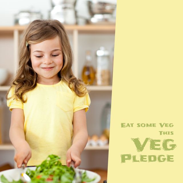 Digital composite image of cute caucasian girl making salad, eat some veg this veg pledge text. Copy space, fundraising, challenge, vegetarian, healthy, support and awareness concept.