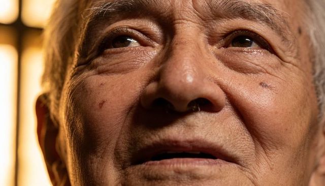 Elderly man gazing upward close-up with warm vertical window light and textured skin