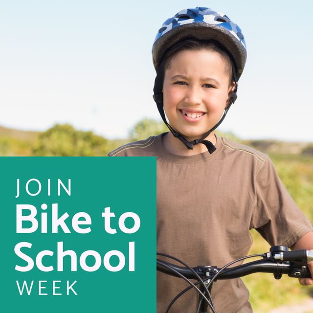 Smiling Asian boy wearing helmet riding bicycle outdoors with text promoting Bike to School Week. Great for educational campaigns, healthy lifestyle initiatives, and promotional materials encouraging biking as transportation. Perfect for school newsletters, websites, and social media posts.