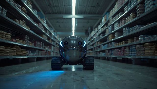 Futuristic Spherical Robot in Dark Warehouse Aisle
