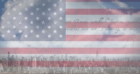American Flag with Constitution Overlay on Urban Skyline - Download Free Stock Images Pikwizard.com
