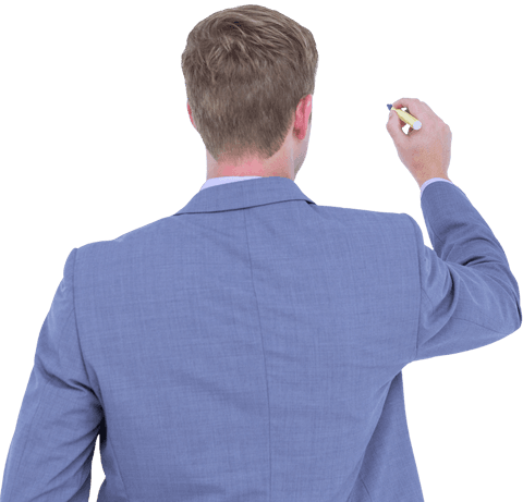 Caucasian businessman writing on transparent background