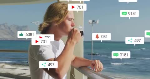 Man Enjoying Morning Coffee on Seaside Balcony with Social Media Icons