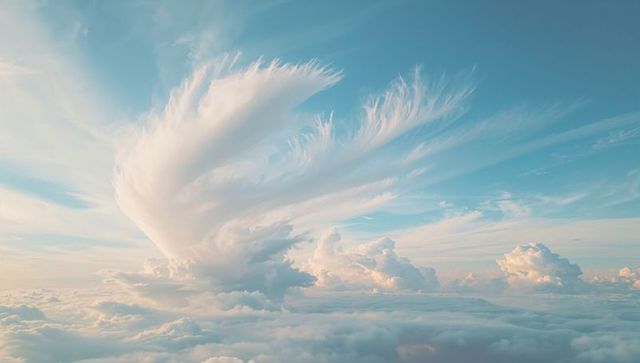 Feathery Towering Clouds Rising Above Soft Cloud Deck at Pastel Sunrise Dawn Light