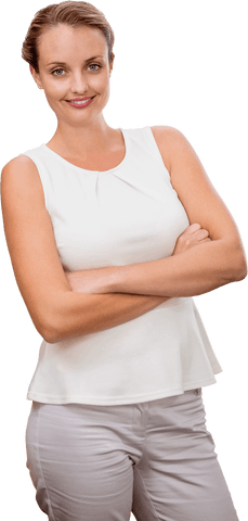 Confident businesswoman in white shirt posing with crossed arms on transparent background