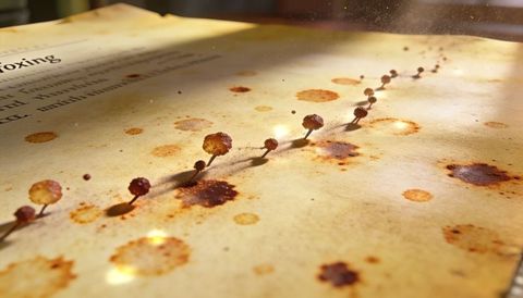 Sunbeam casting amber bead chain and rustlike stains across aged paper macro closeup